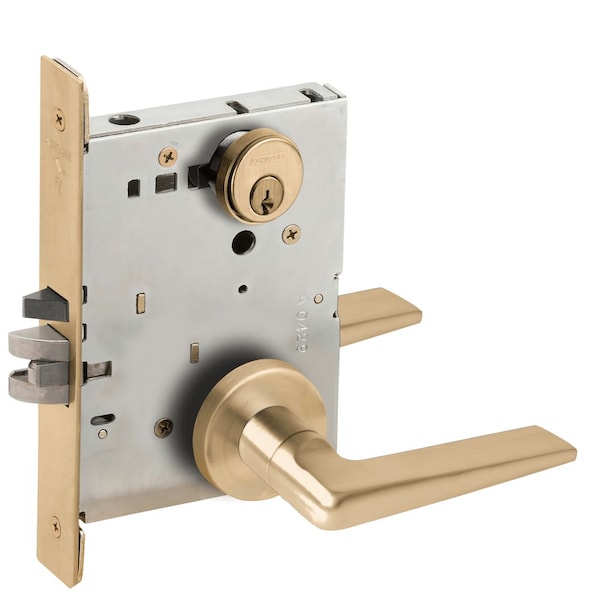 Schlage Grade 1 Entrance Office Mortise Lock, Conventional Cylinder, S123 Keyway, 05 Lever, A Rose, Satin Br L9050P 05A 606 - main